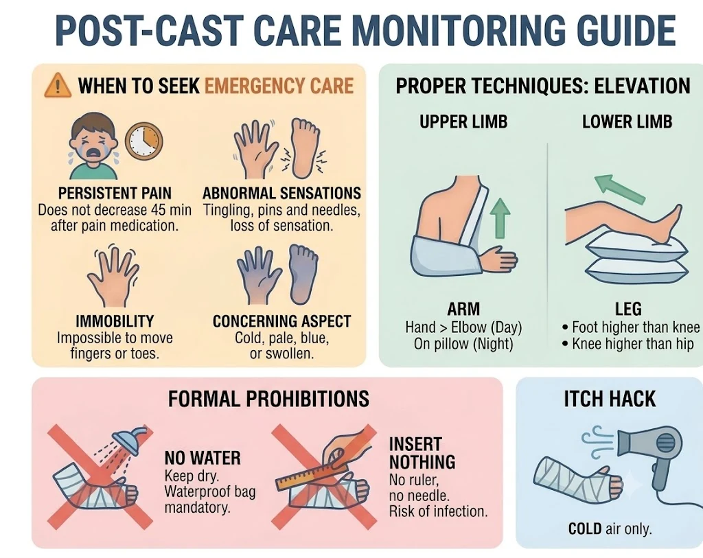 Guide illustré de surveillance d'un plâtre : signes d'urgence, surélévation du membre, interdictions.