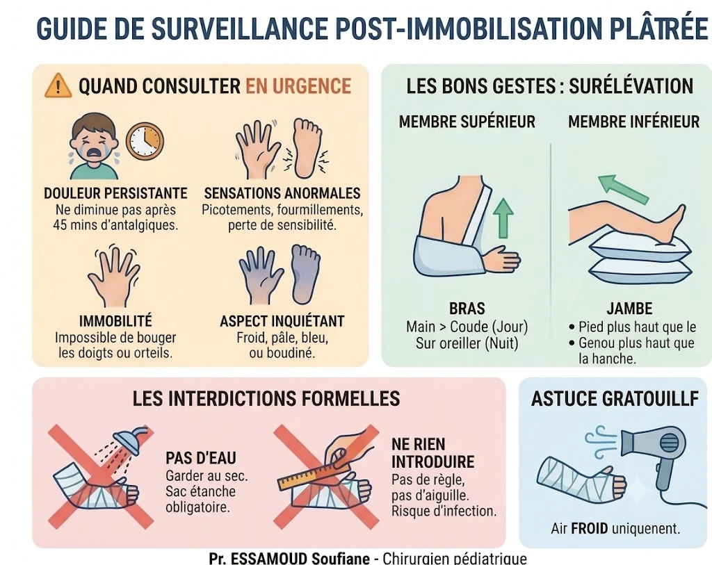 Guide illustré de surveillance d'un plâtre : signes d'urgence, surélévation du membre, interdictions.